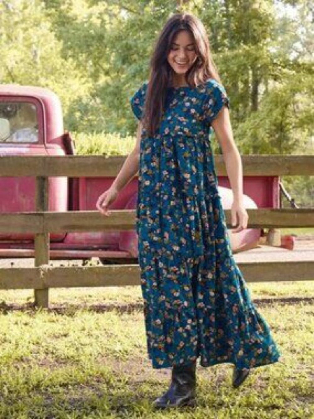 NWT Natural Life Blue Corduroy Floral Tiered Maxi Dress Women’s Size Large